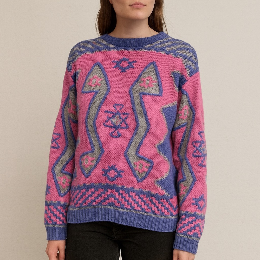 🌀 Vintage Maximalist Graphic Knit – 80s Artsy Sweater | Medium‎